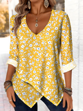 Printed Commuter V-Neck Long Sleeve Chrysanthemum Floral T-Shirt