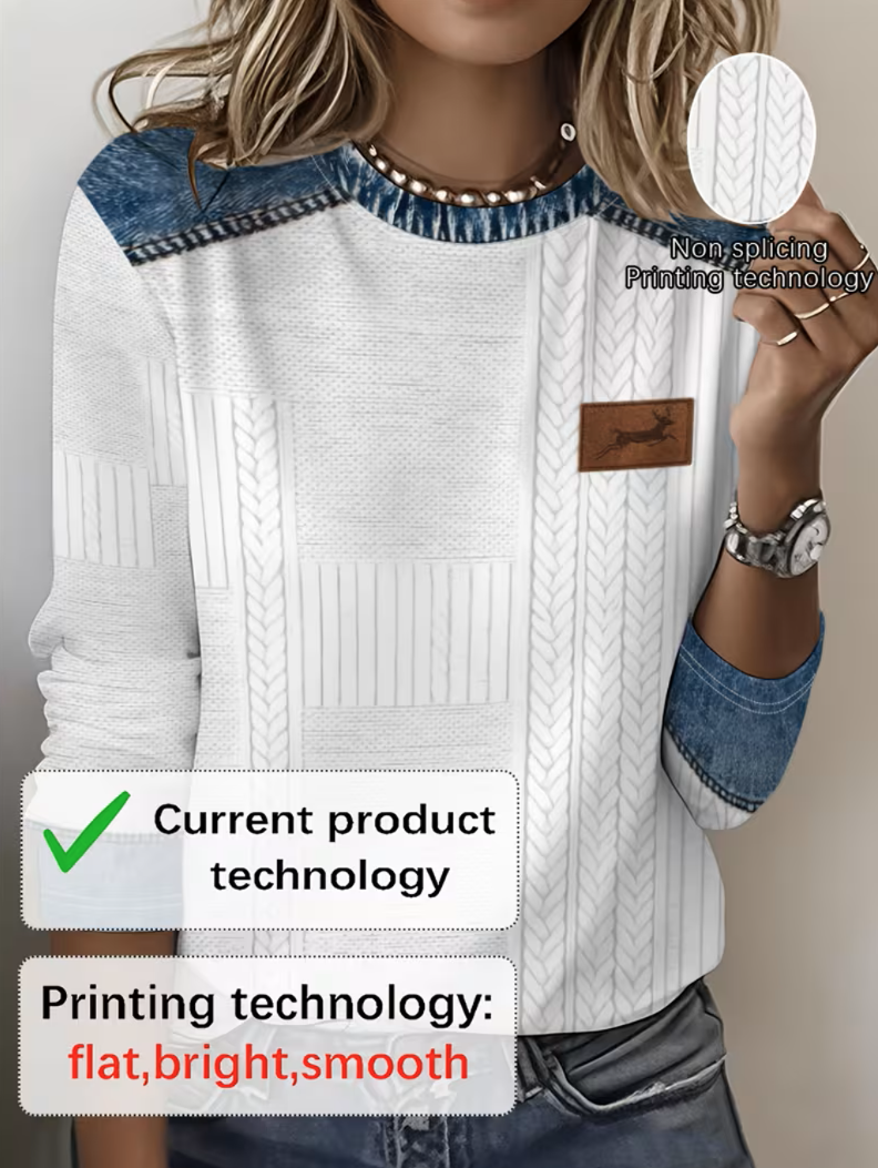 Faux Denim Print Graphic Casual Loose Cotton T-Shirt