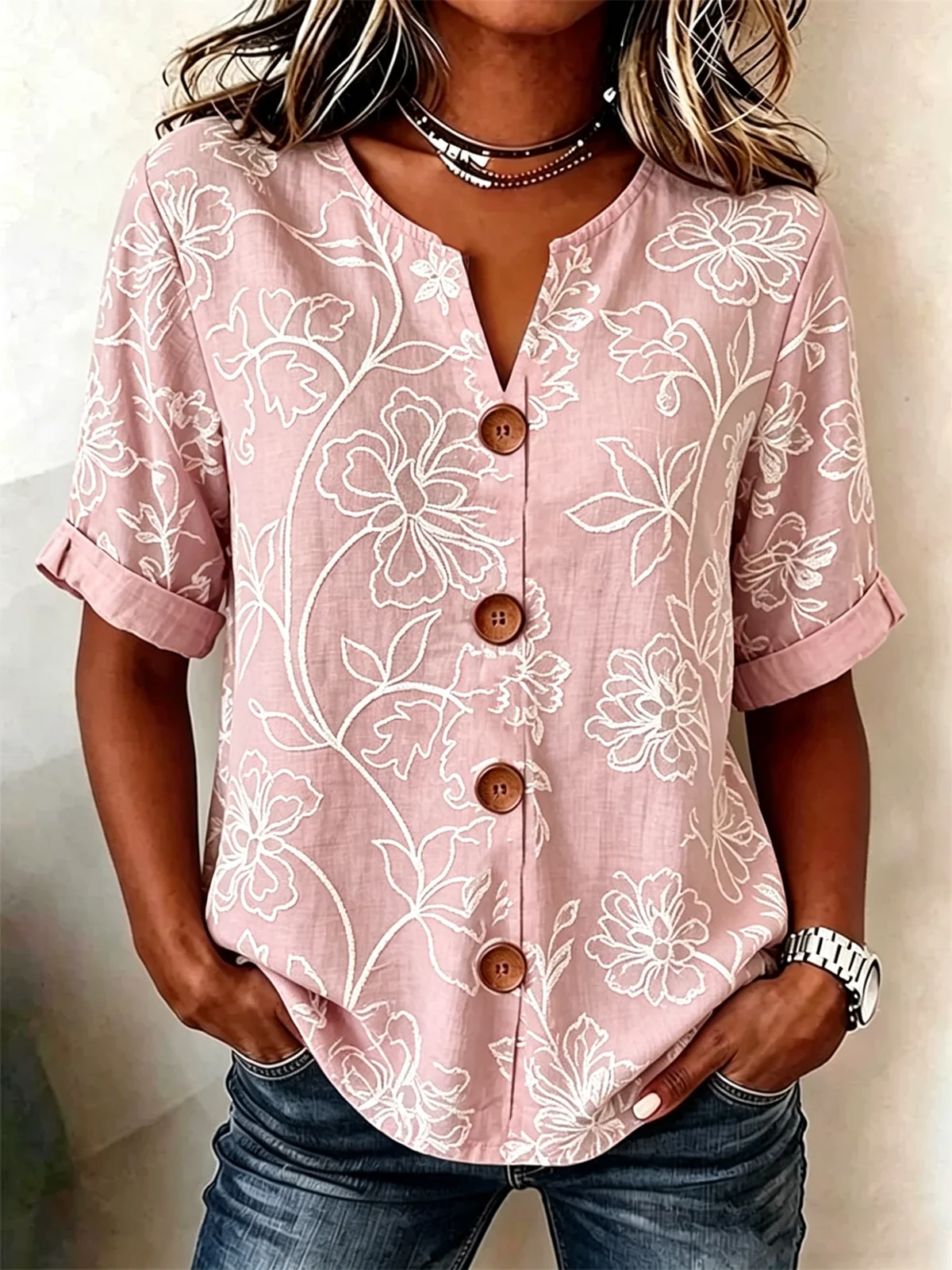 Vintage Blue Floral V-Neck Blouse with Wooden Buttons