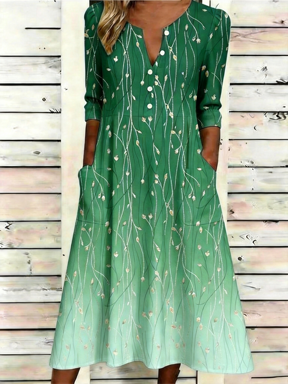 Vintage Half Open Collar Floral Loose Dress With No