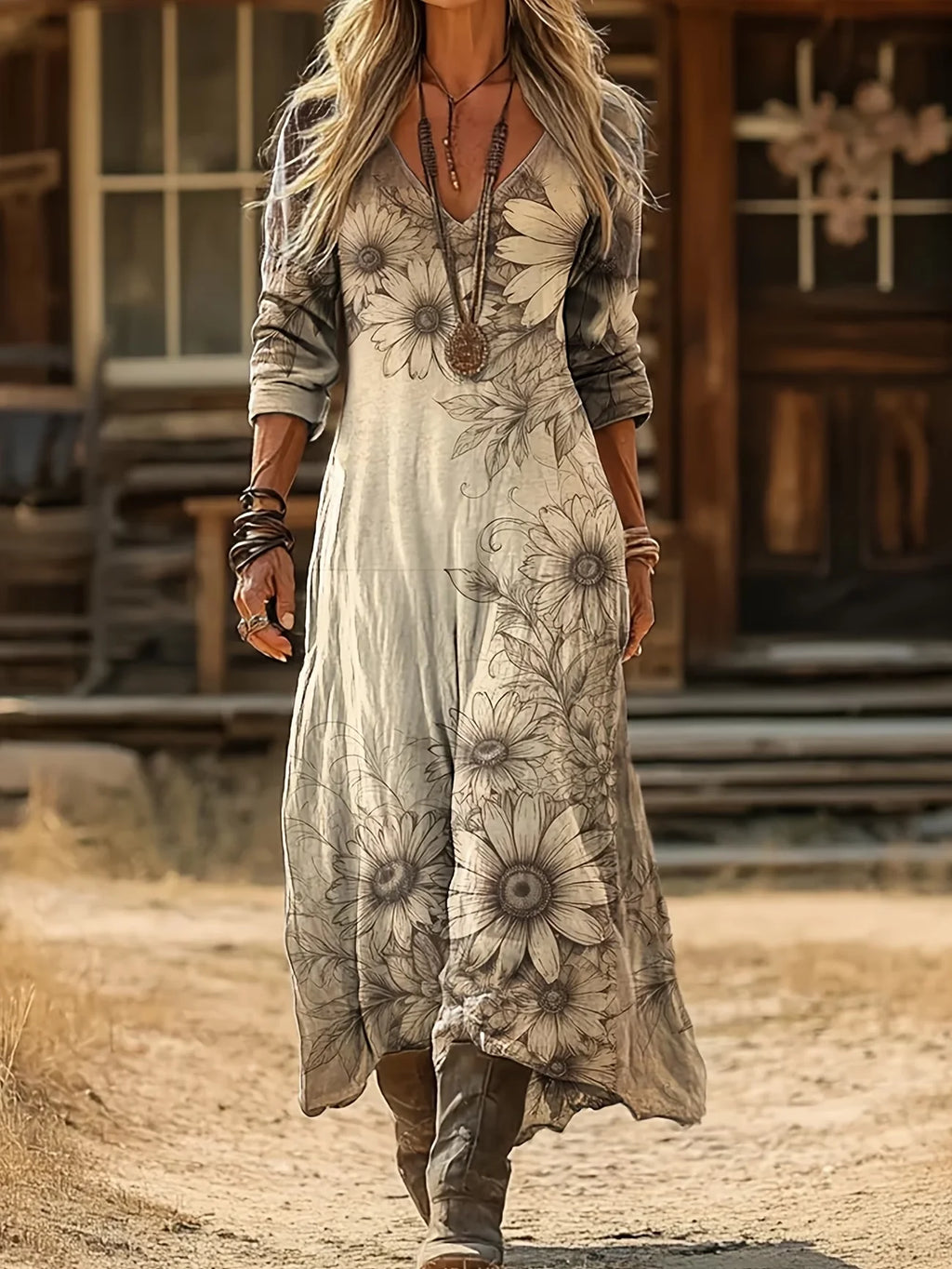 Women's Long Sleeve Spring/Fall Apricot Floral Printing V Neck Daily Going Out Vintage Maxi H-Line Dress