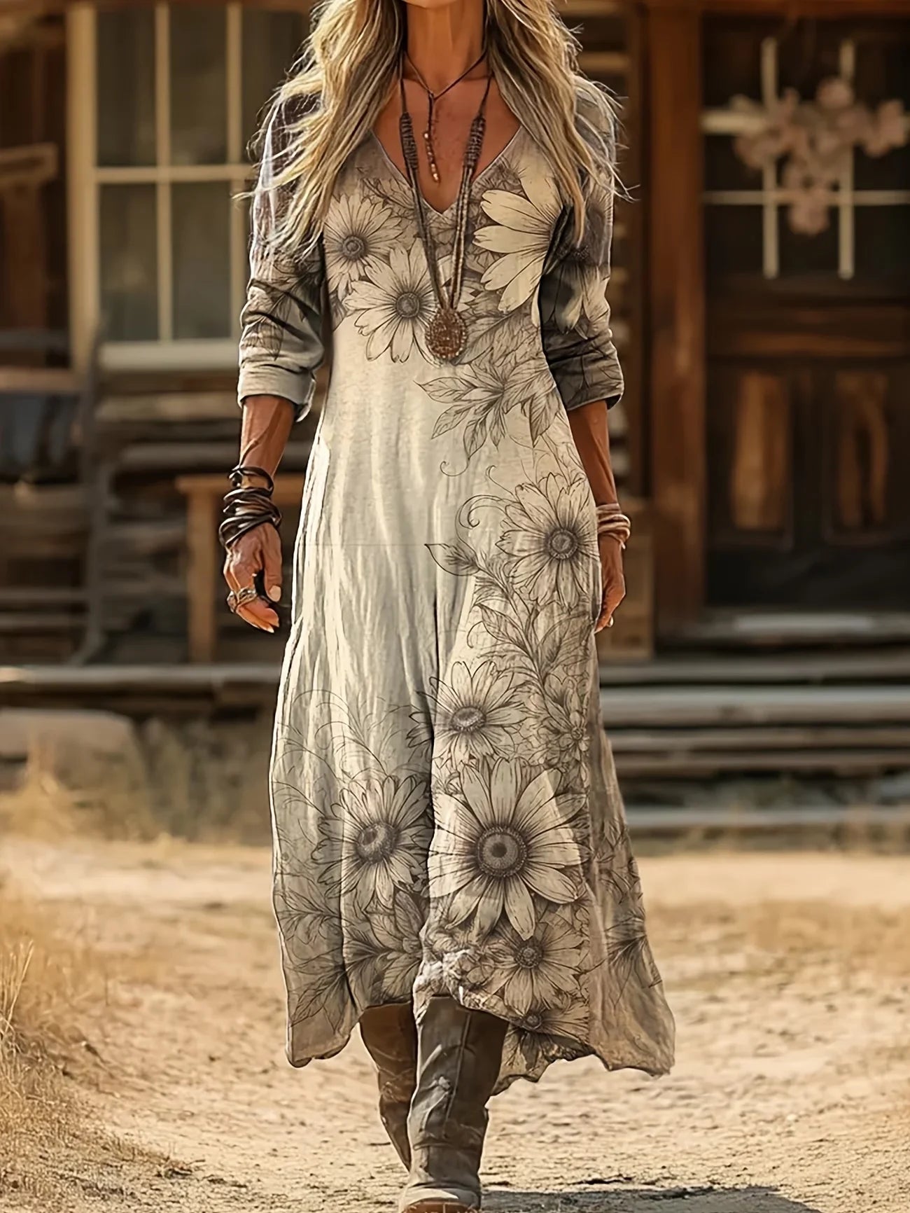 Women's Long Sleeve Spring/Fall Apricot Floral Printing V Neck Daily Going Out Vintage Maxi H-Line Dress