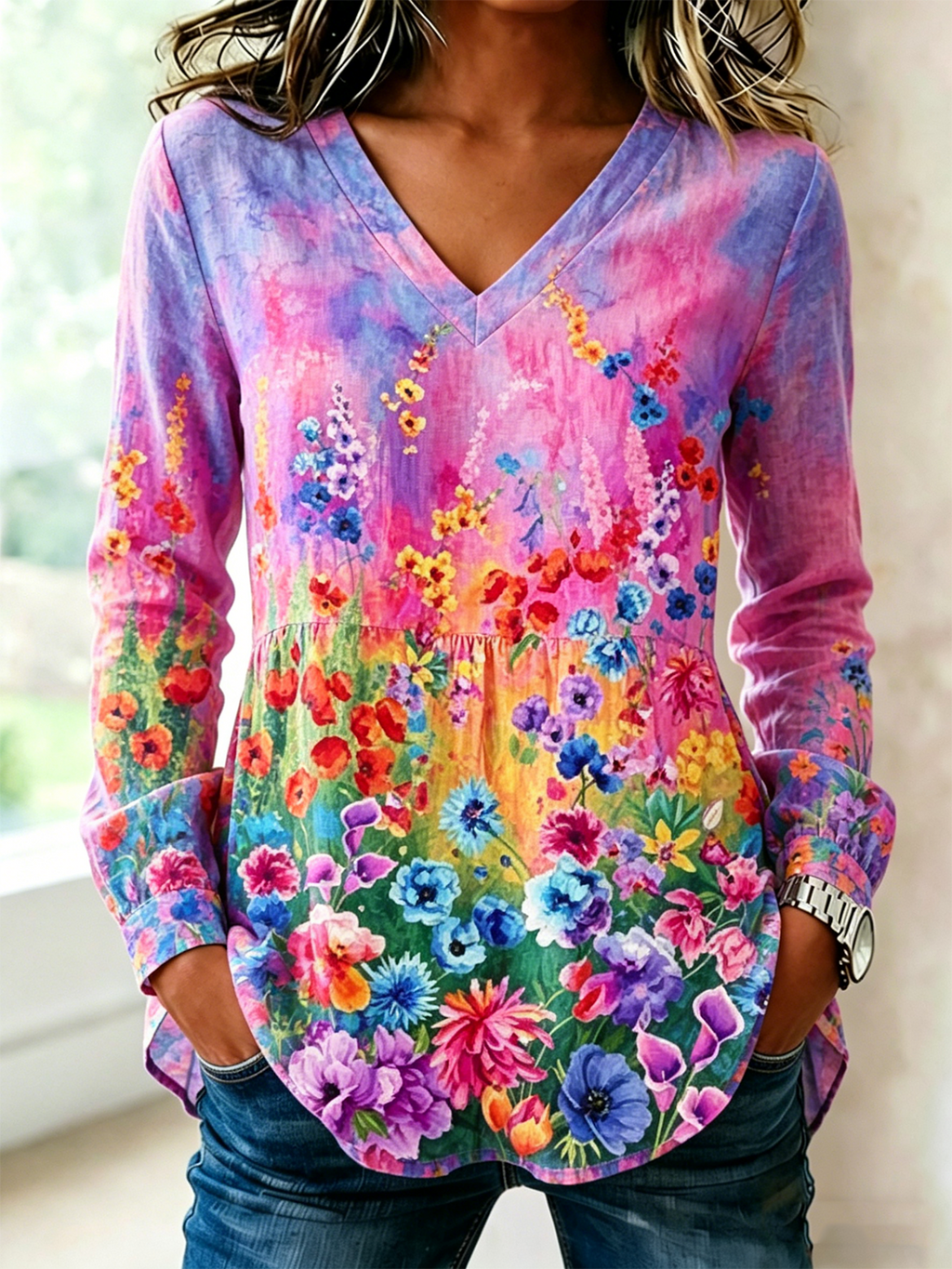 V Neck Floral Loose Simple Shirt