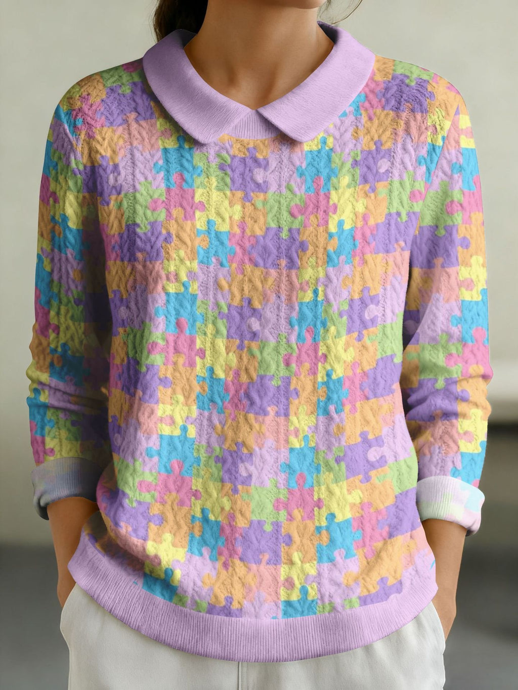 Geometric Regular Fit Shawl Collar Casual Sweater