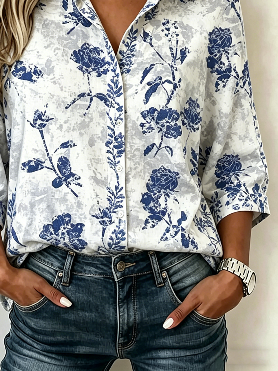 Loose Botanical Pattern Elegant Blouse