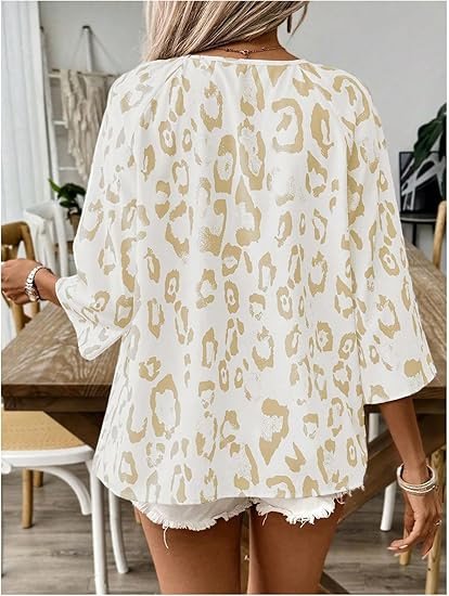 Women's Elegant Commuter Top Khaki Leopard Print Large V-Neck Pleated Three-Quarter Sleeve Shirt