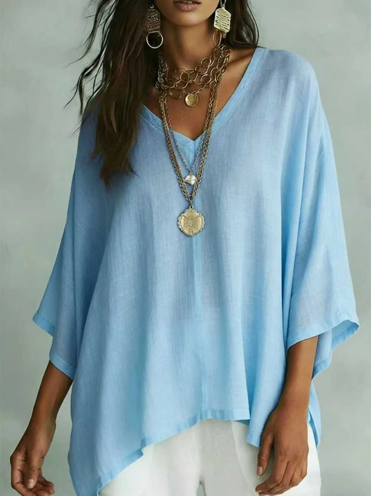 Plain V Neck Batwing Sleeve Casual T-Shirt