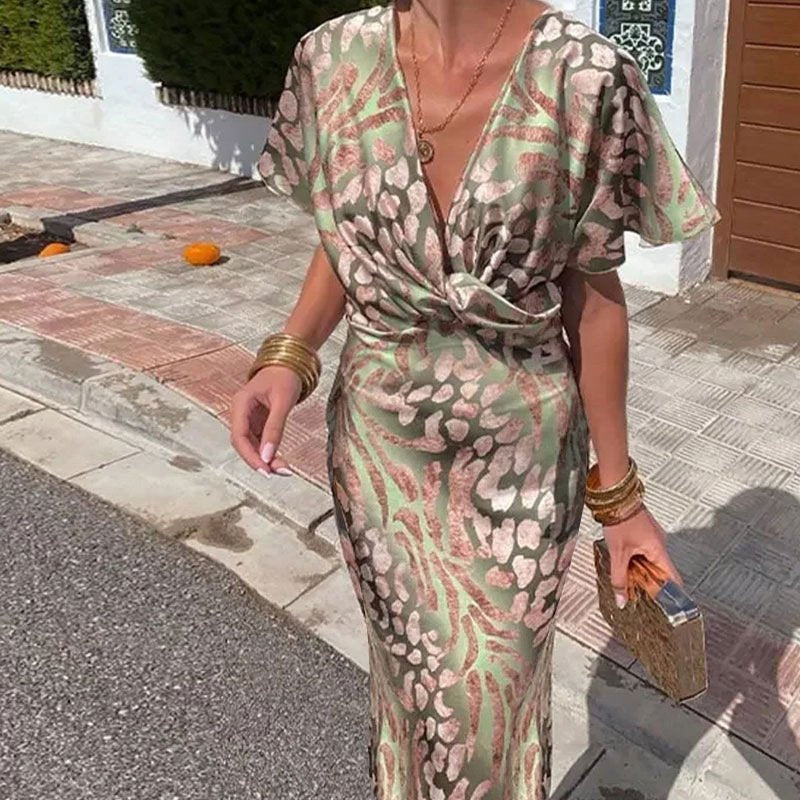 Women's Short Sleeve Summer Green Zebra Split Joint V Neck Daily Going Out Casual Maxi A-Line Hip Skirt Dress