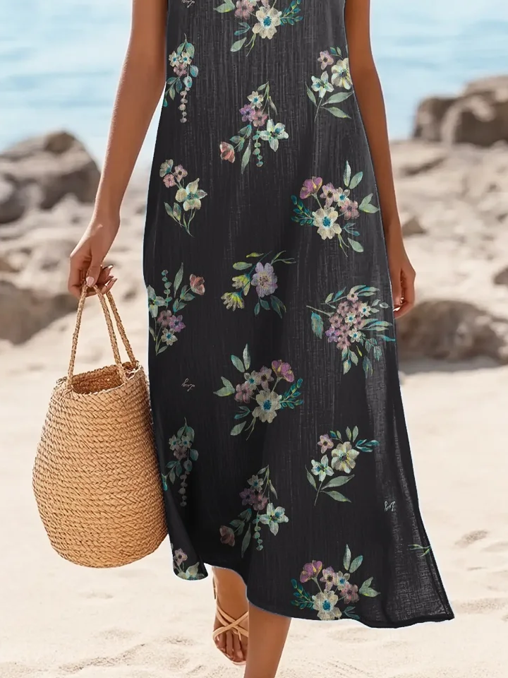 Women's Sleeveless Summer Black Floral Printing Crew Neck Daily Going Out Casual Maxi H-Line Tank Dress