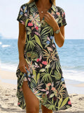 Elegant Floral Shawl Collar Short Sleeve Vacation Casual Dress