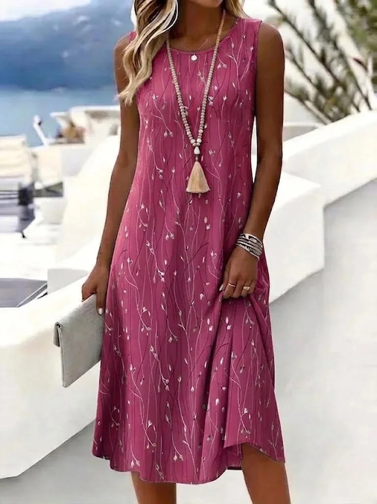 Women's Sleeveless Round Neck Midi Dress Blue Gray Floral Print Casual Summer Tank Dress with No Slit Hem