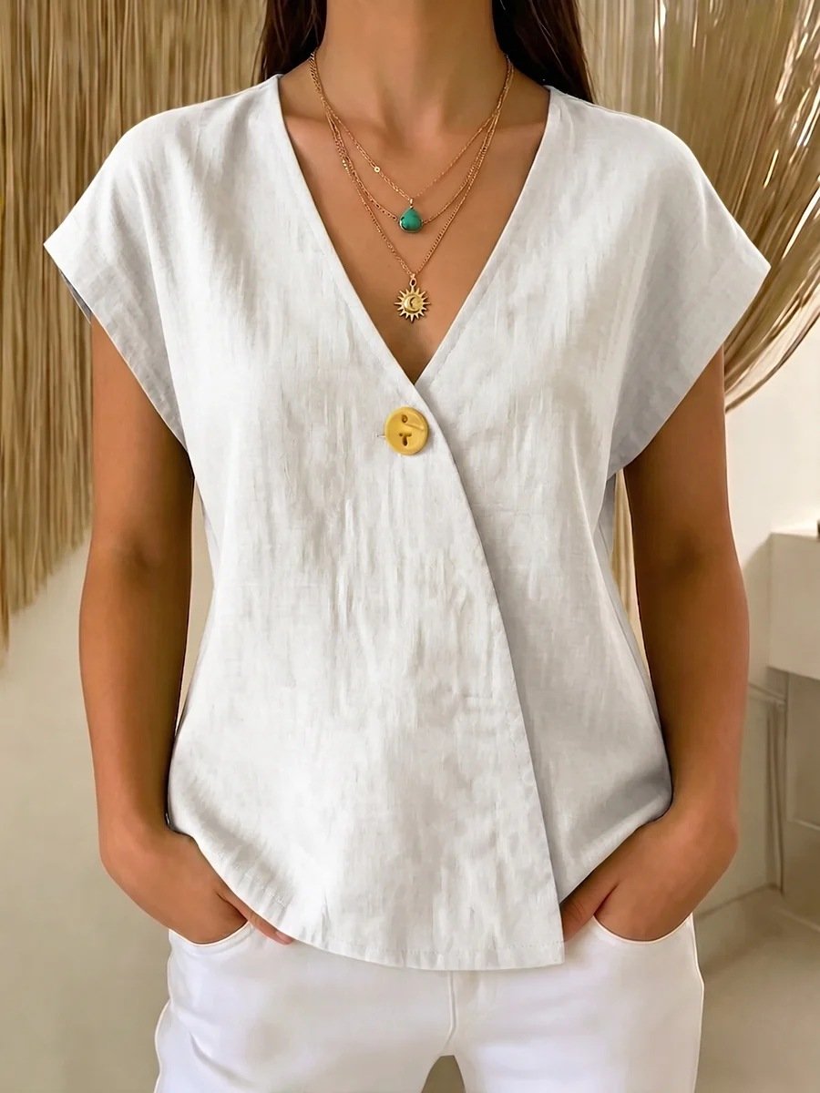 Plain Linen Blend Elegant Loose T-Shirt