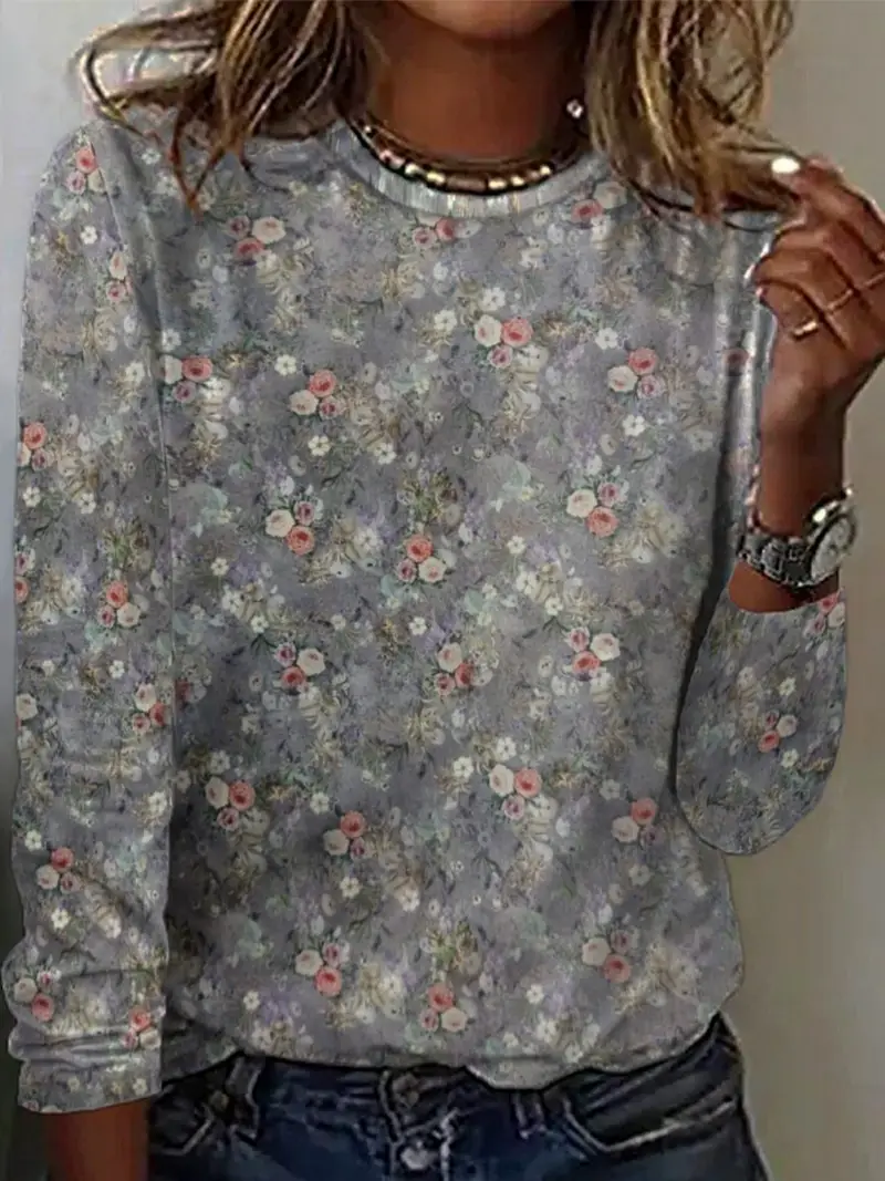 Women's Long Sleeve T-shirt Spring/Fall Gray Floral Printing Jersey Crew Neck Daily Going Out Casual Top