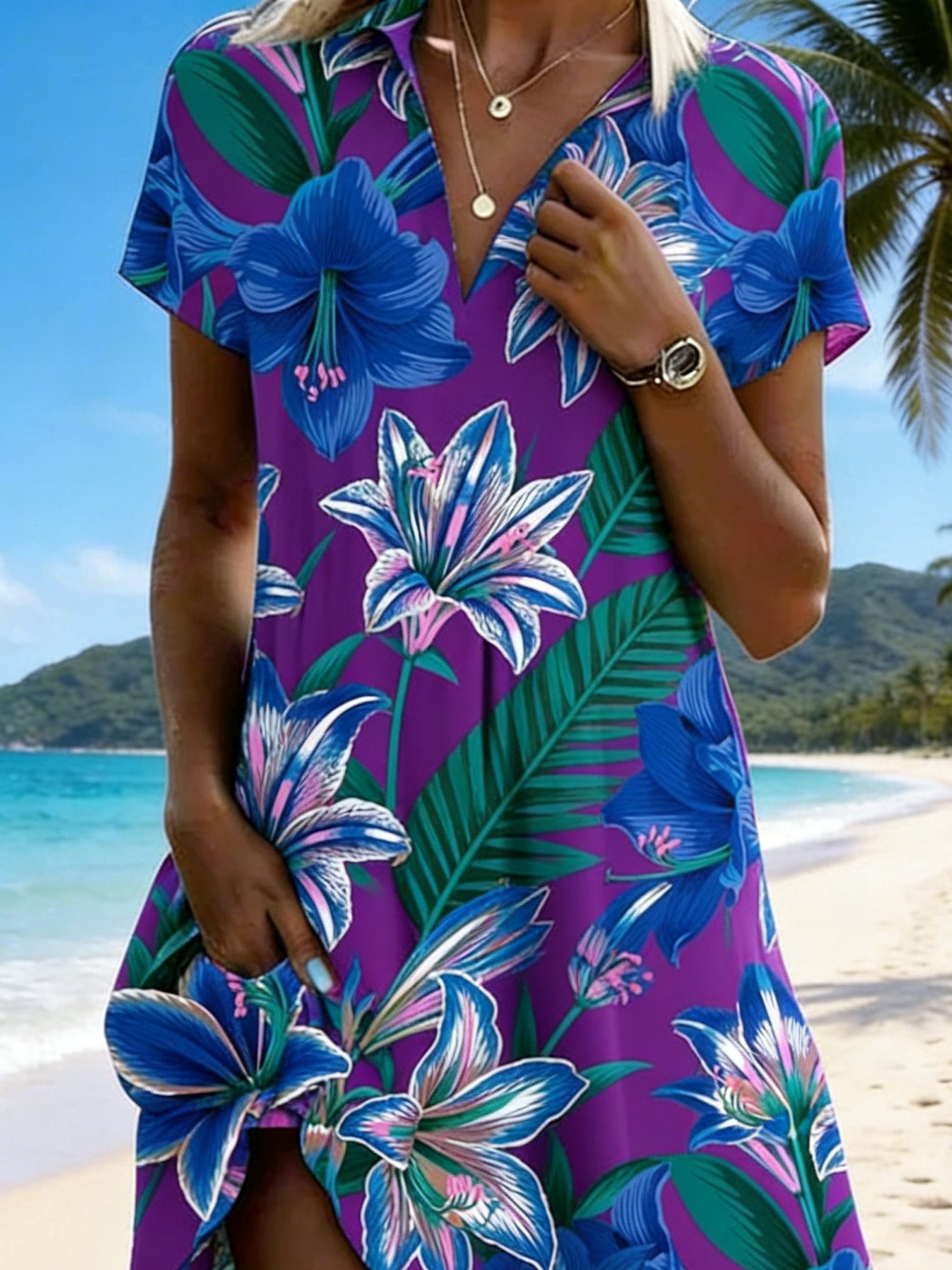 Women's Floral Printing Short Sleeve V-Neck Summer Beach Vacation Midi Dress