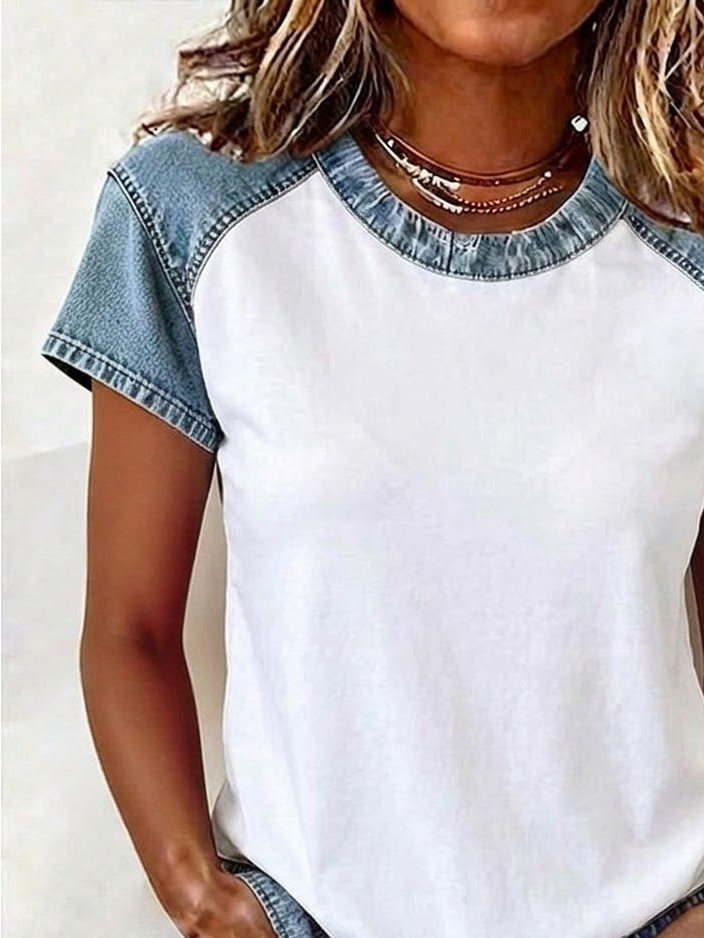 Women's Denim patchwork Short Sleeve T-shirt Summer White Plain Crew Neck Daily Going Out Casual Top