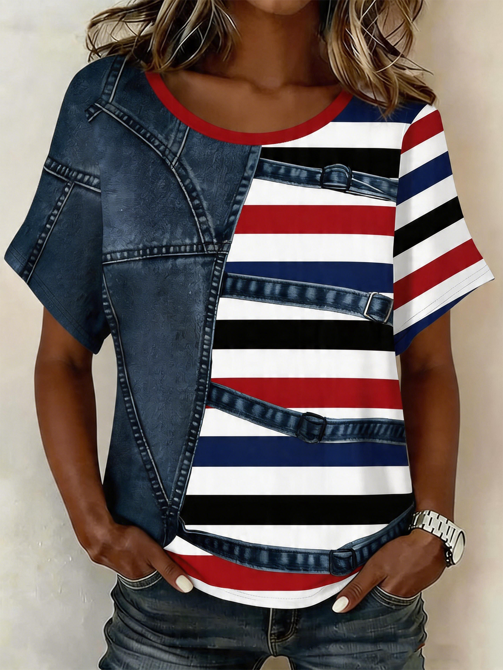 Cotton-Blend Faux Denim Print Graphic Vintage T-Shirt