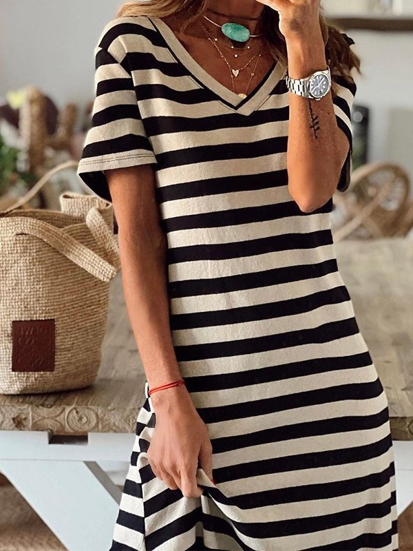 Women's Short Sleeve Summer White Striped Split Joint V Neck Daily Going Out Casual Maxi A-Line T-Shirt Dress Dress