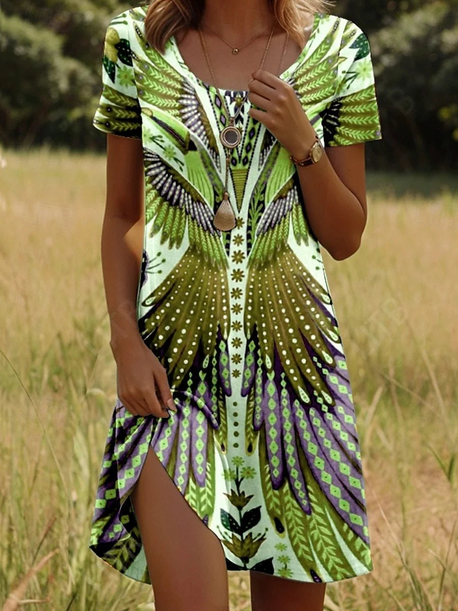 Women’s Vintage Short Sleeve Scoop Neck Midi Dress Boho Beach Dress