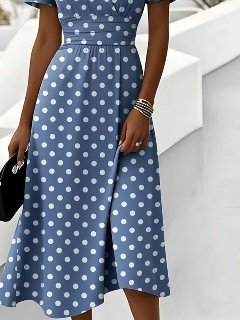 Regular Fit V Neck Elegant Polka Dots Dress With No