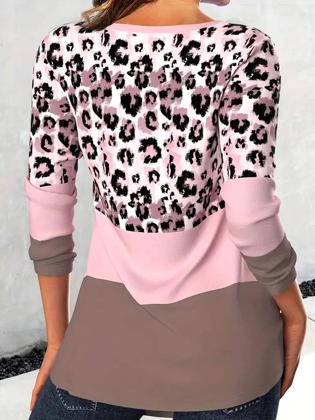 Leopard Color Block Crew Neck Elegant Regular Fit T-Shirt
