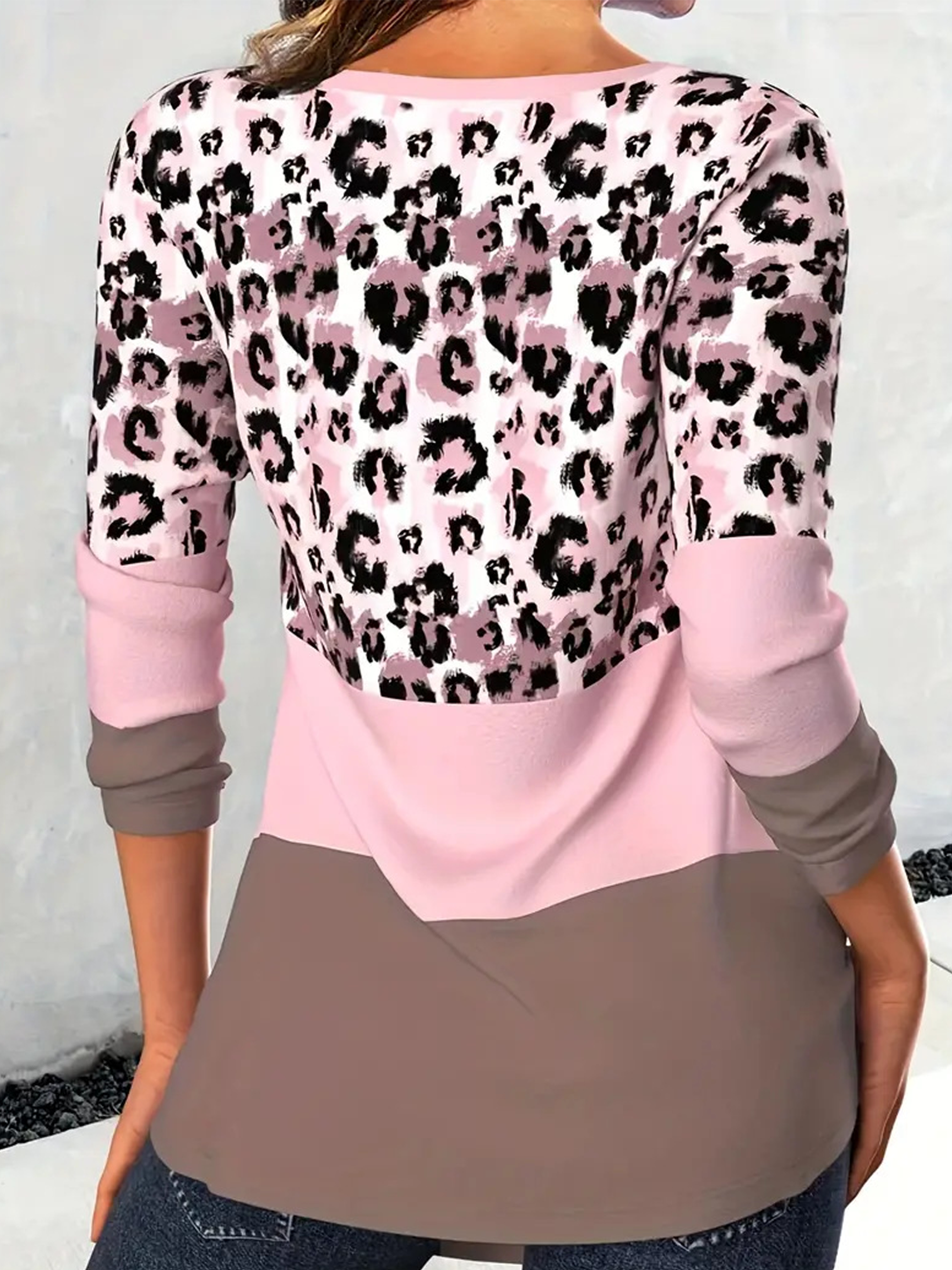 Leopard Color Block Crew Neck Elegant Regular Fit T-Shirt