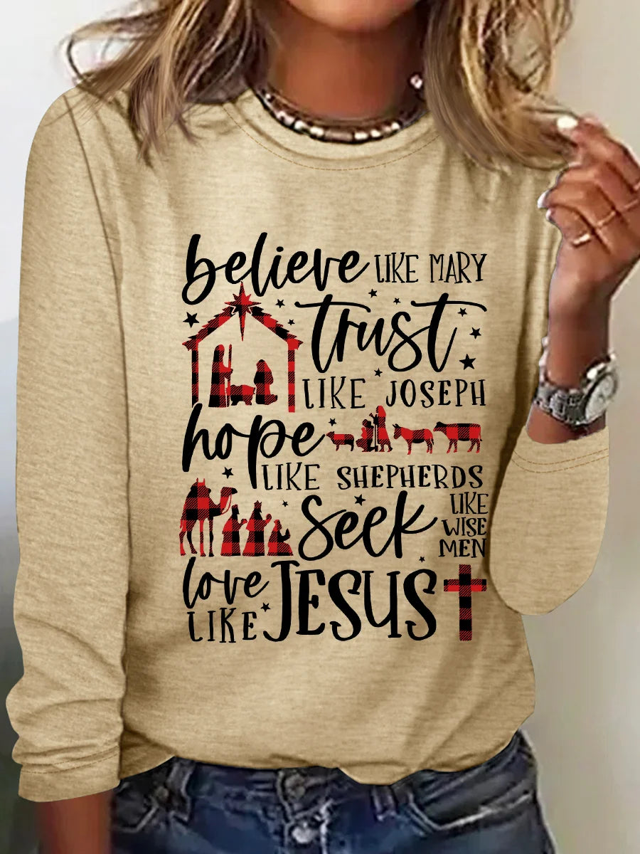 Believe Uke Mary Trust Like Joseph Hope Like Shepherds Seek Love Casual Long Sleeve Shirt