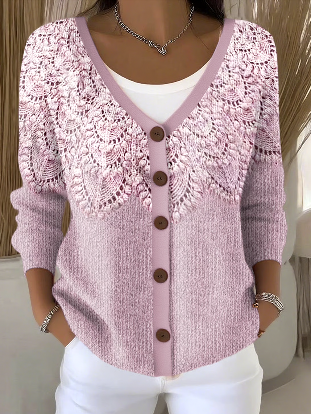 Floral Regular Fit V Neck Casual Cardigan