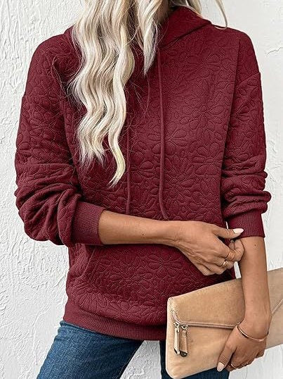 Casual Loose Jacquard Texture Elastic Drawstring Hooded Women's Sweatshirt