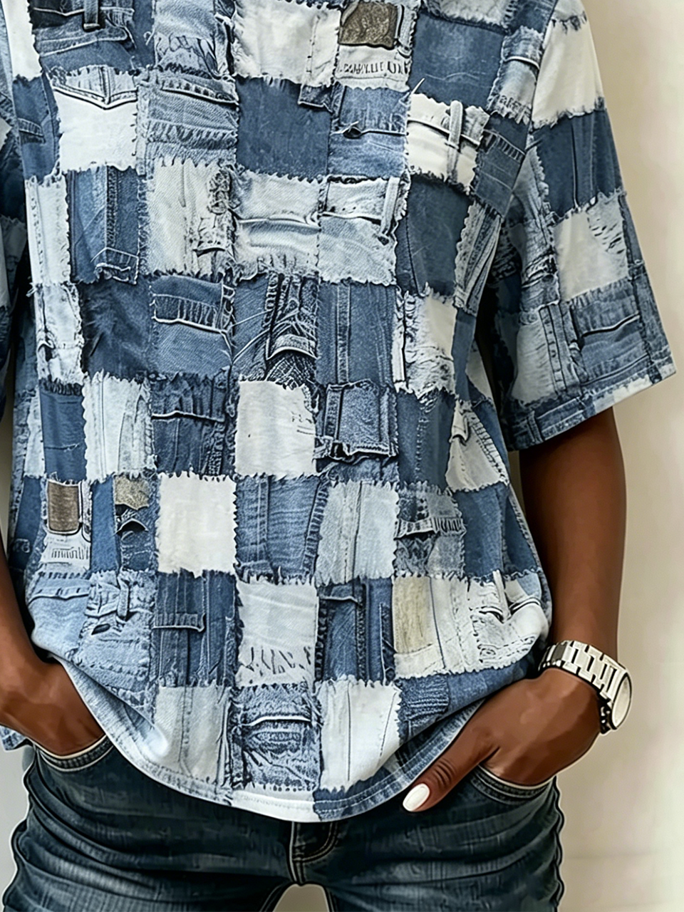 Faux Denim Print Graphic Crew Neck Casual Cotton-Blend T-Shirt