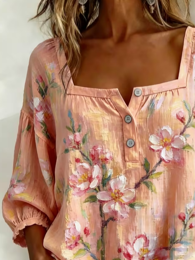Women's Three Quarter Sleeve Blouse Spring/Fall Orange Red Floral Printing Square Neck Daily Going Out Vintage Top