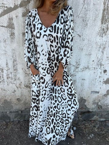 Women's Long Sleeve Spring/Fall Army Green Floral Split Joint V Neck Balloon Sleeve Daily Going Out Vintage Maxi A-Line T-Shirt Dress Dress