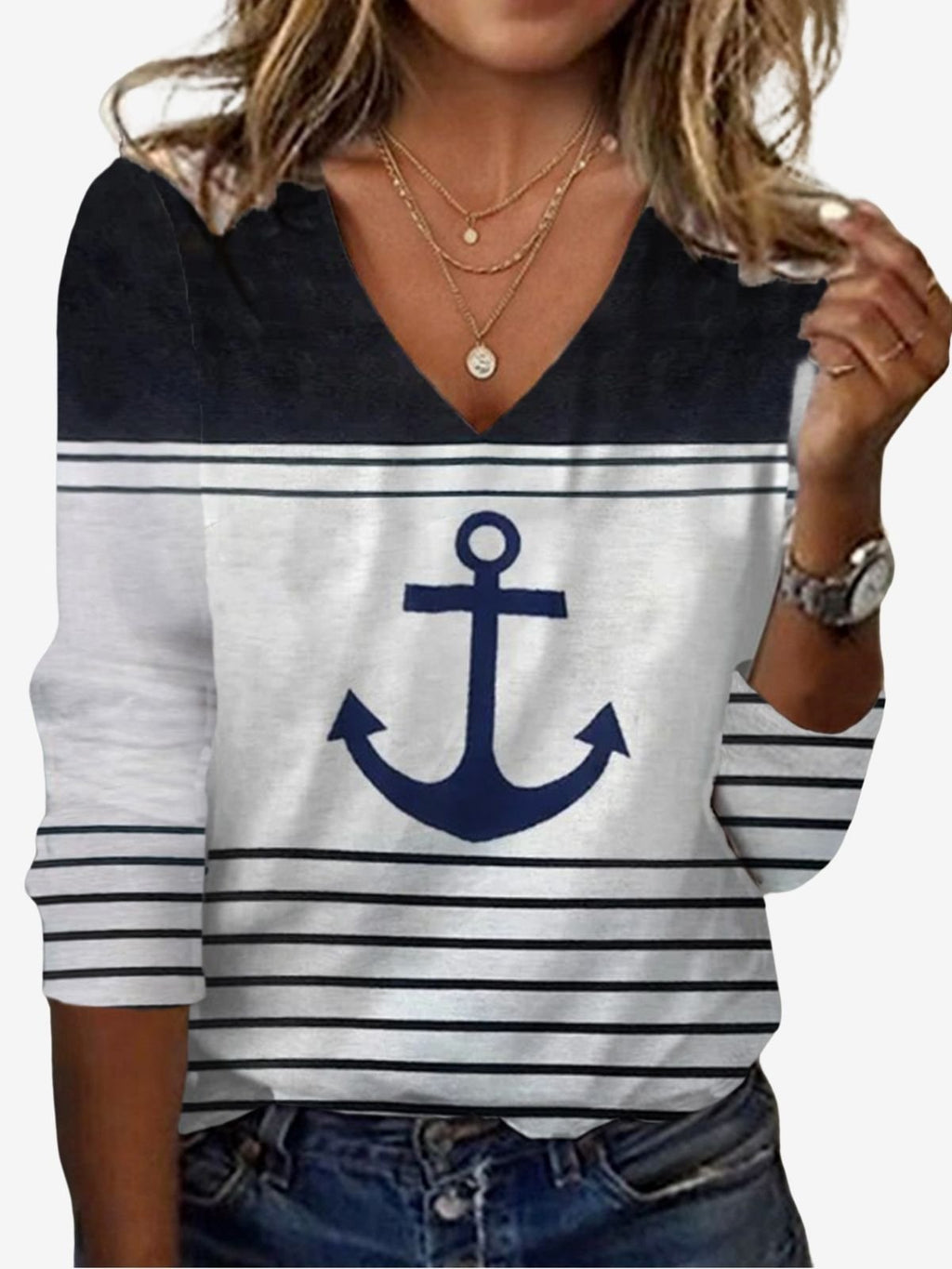 Anchor Print Long Sleeve V-Neck T-shirt