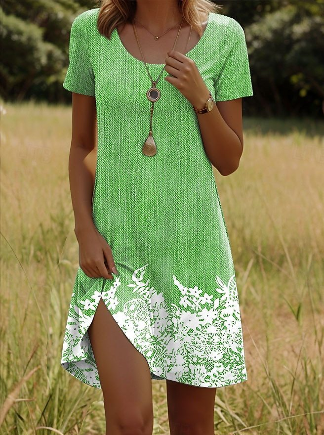 3D Printing Floral Crew Neck Short Sleeve Summer Going Out Dress