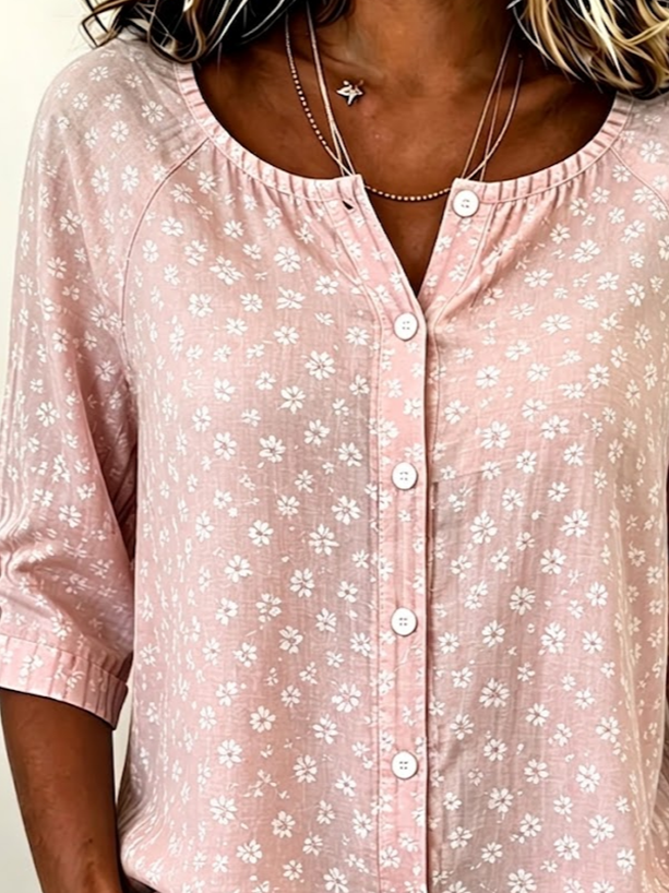 Women's Half Sleeve Shirt Summer Pink Floral Printing Crew Neck Daily Going Out Casual Top