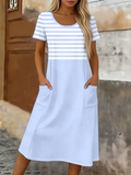 Women's Short Sleeve Summer Blue Striped Printing Crew Neck Daily Going Out Casual Maxi H-Line T-Shirt Dress Dress