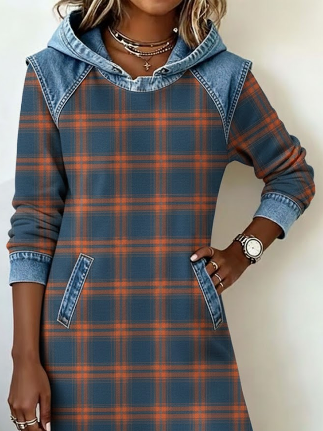 Women's Plaid Print Patchwork Denim Casual Dress