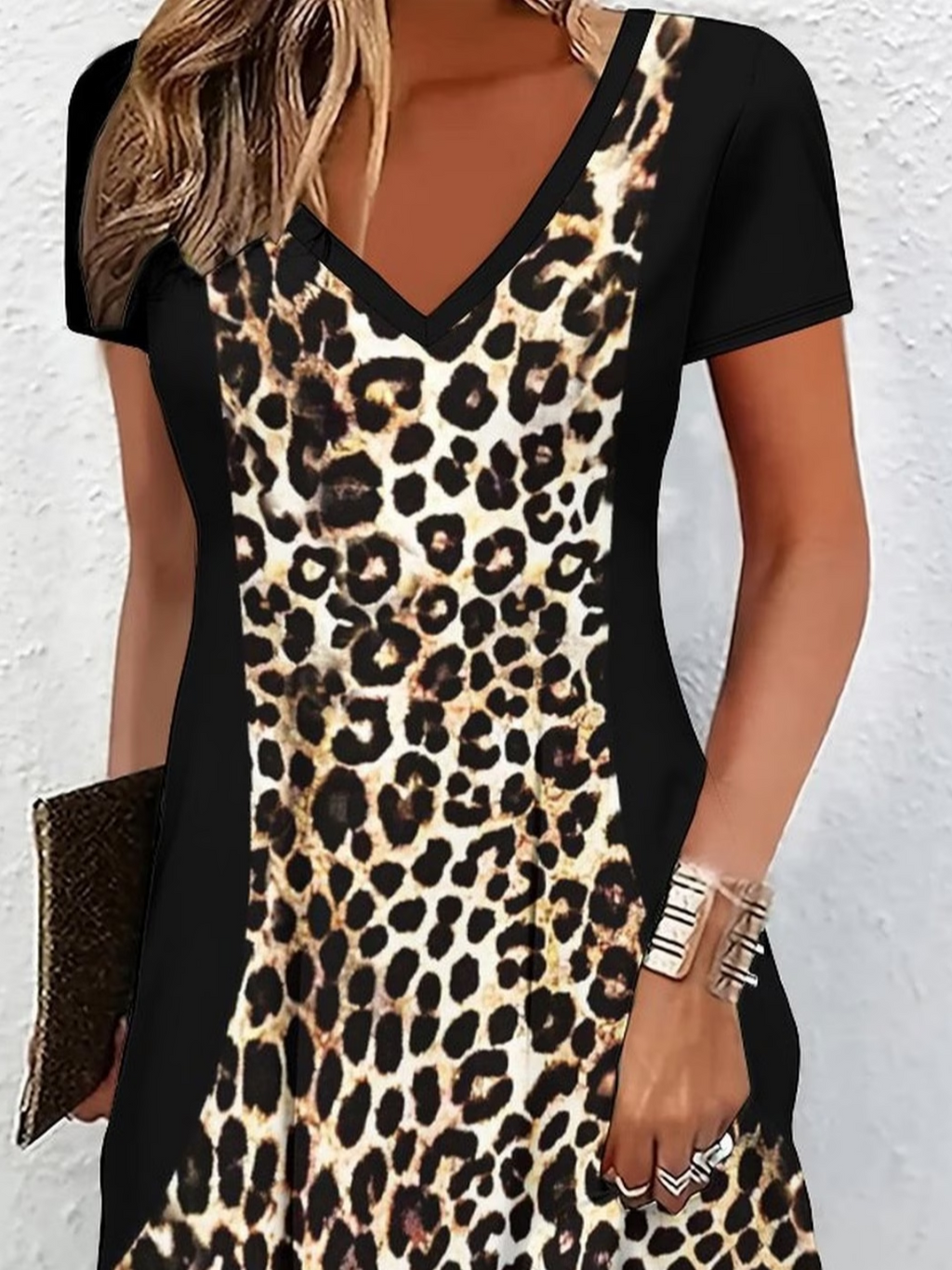 Women's Short Sleeve Summer Black Leopard Printing V Neck Daily Going Out Casual Midi A-Line Classic Dress