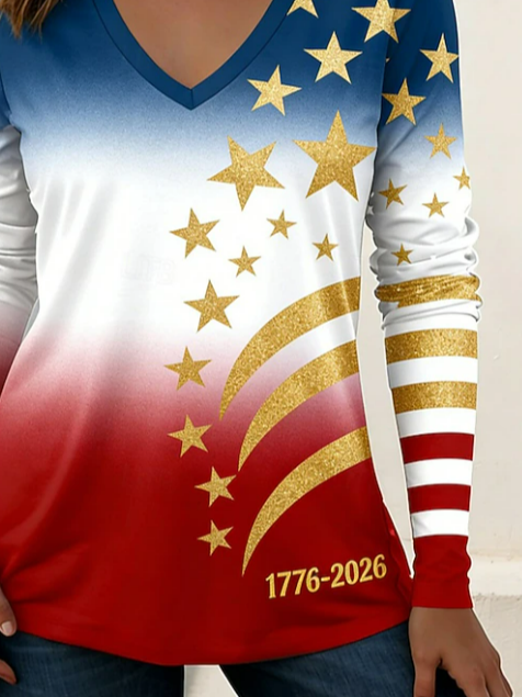 Women's Long Sleeve T-shirt Spring/Fall As Picture Independence Day (Flag) Printing V Neck Holiday Going Out Casual Top