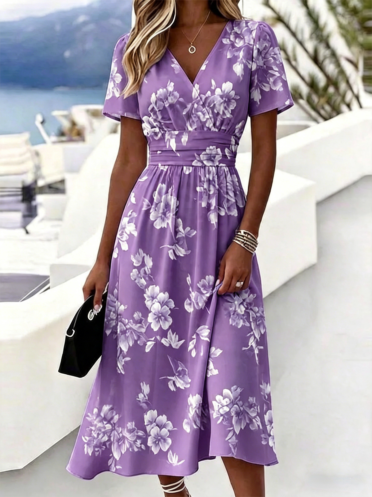Women’s Light Blue Floral Print Wrap V Neck Midi Dress Boho Summer Dress