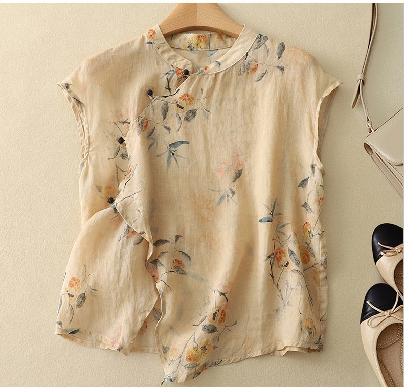 Loose Elegant Floral Linen Blend Shirt