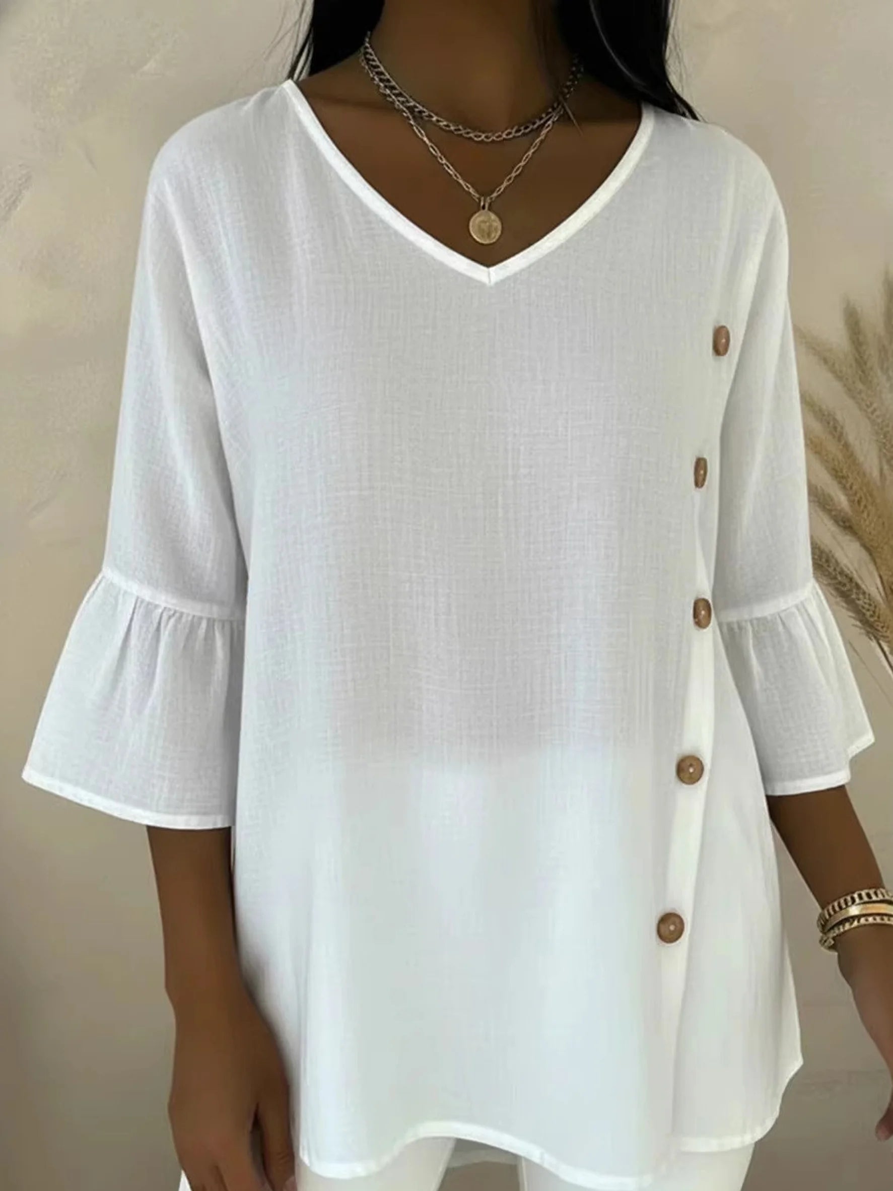 V Neck Button Design The Quarter Sleeve Elegant Blouse