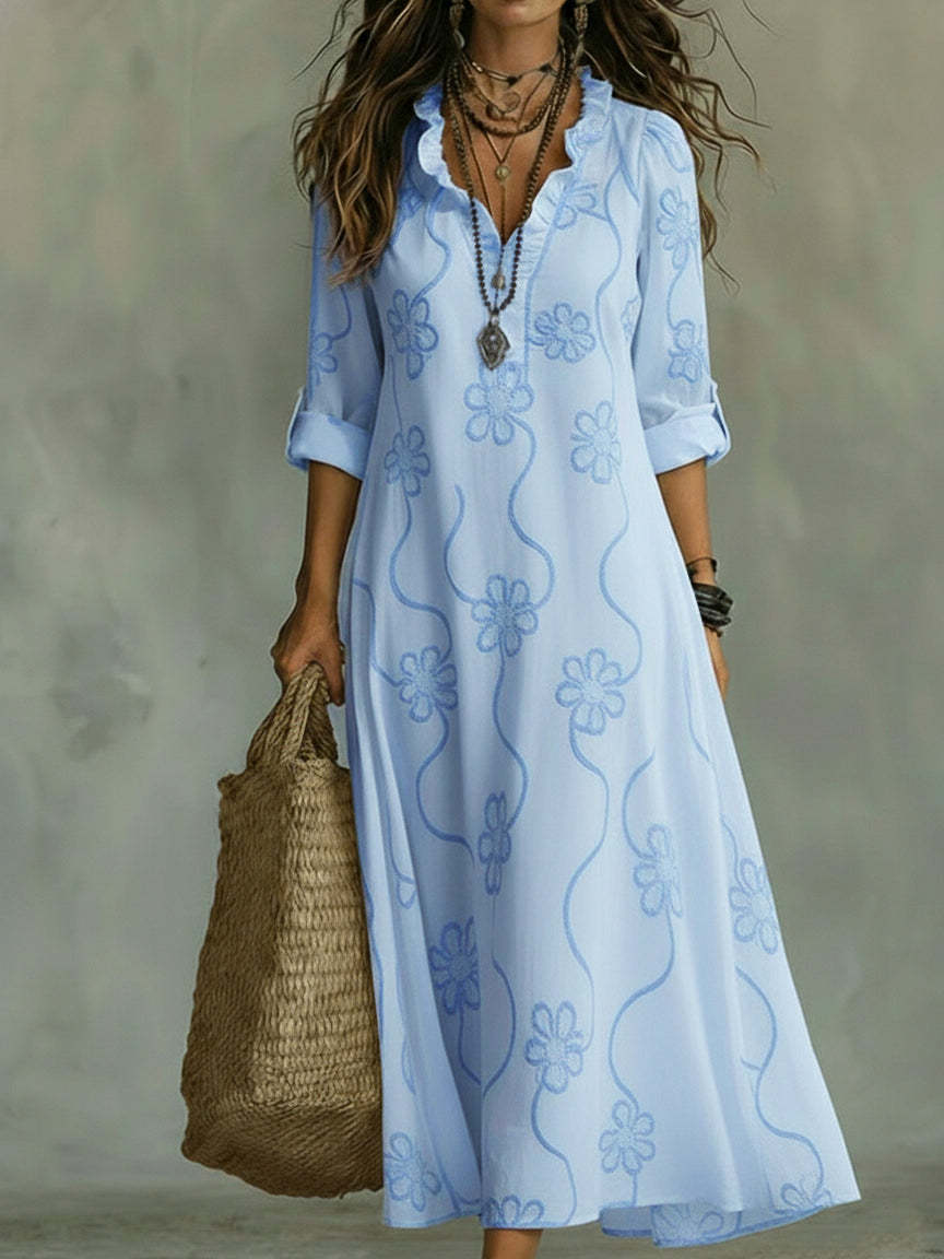 V Neck Ruffle Vacation Embroidery Patterns Elegant Maxi Dress