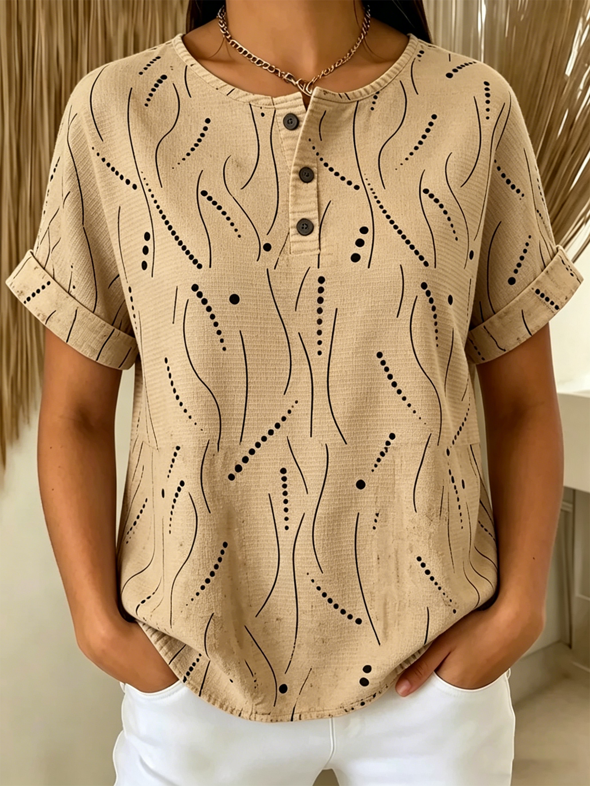 Women’s Abstract Line & Dot Print Henley Neck Short Sleeve T‑shirt