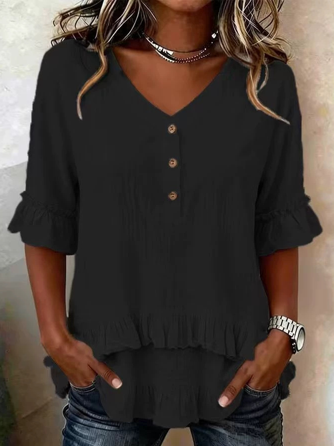Cotton Casual Plain V Neck Blouse
