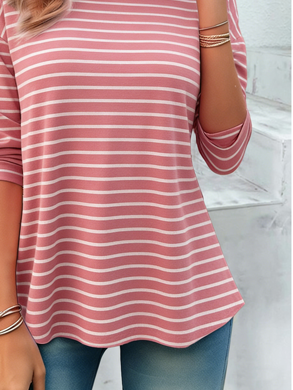 Loose Striped Elegant Crew Neck T-Shirt