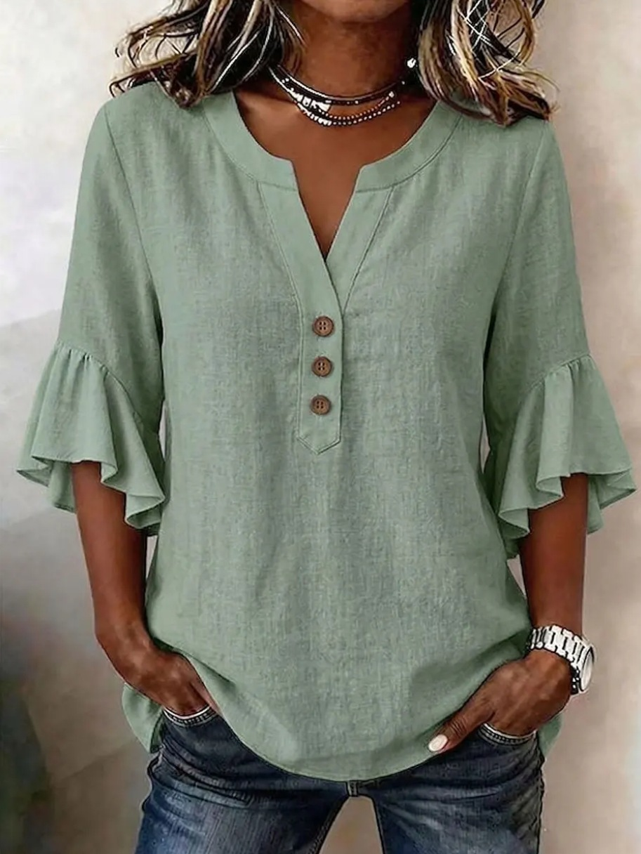 Cotton And Linen The Quarter Sleeve Ruffle V Neck Casual Blouse