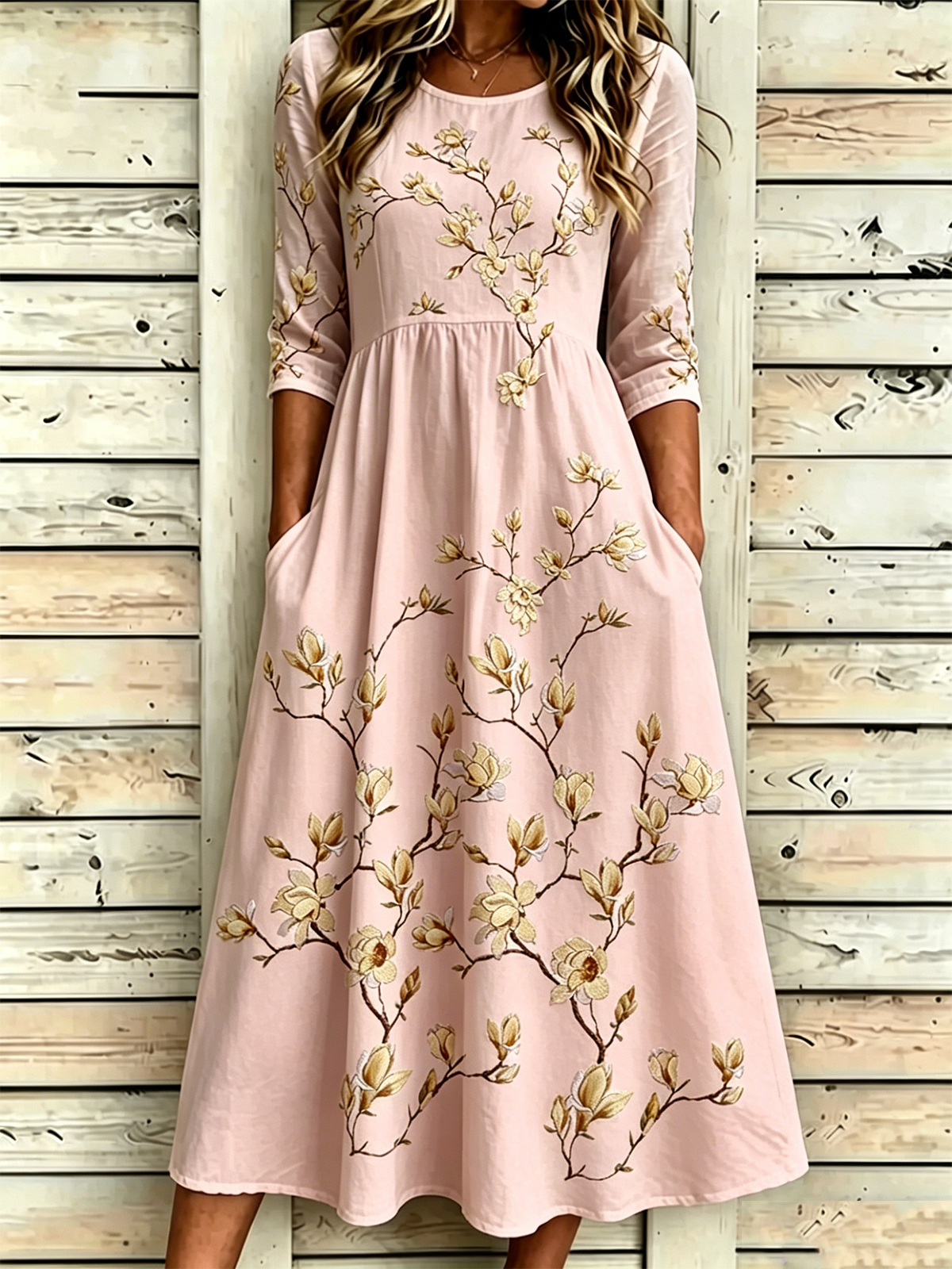 Women's Light Blue Floral Print Maxi Dress Round Neck 3/4 Sleeve Casual A-Line Dress with Pockets