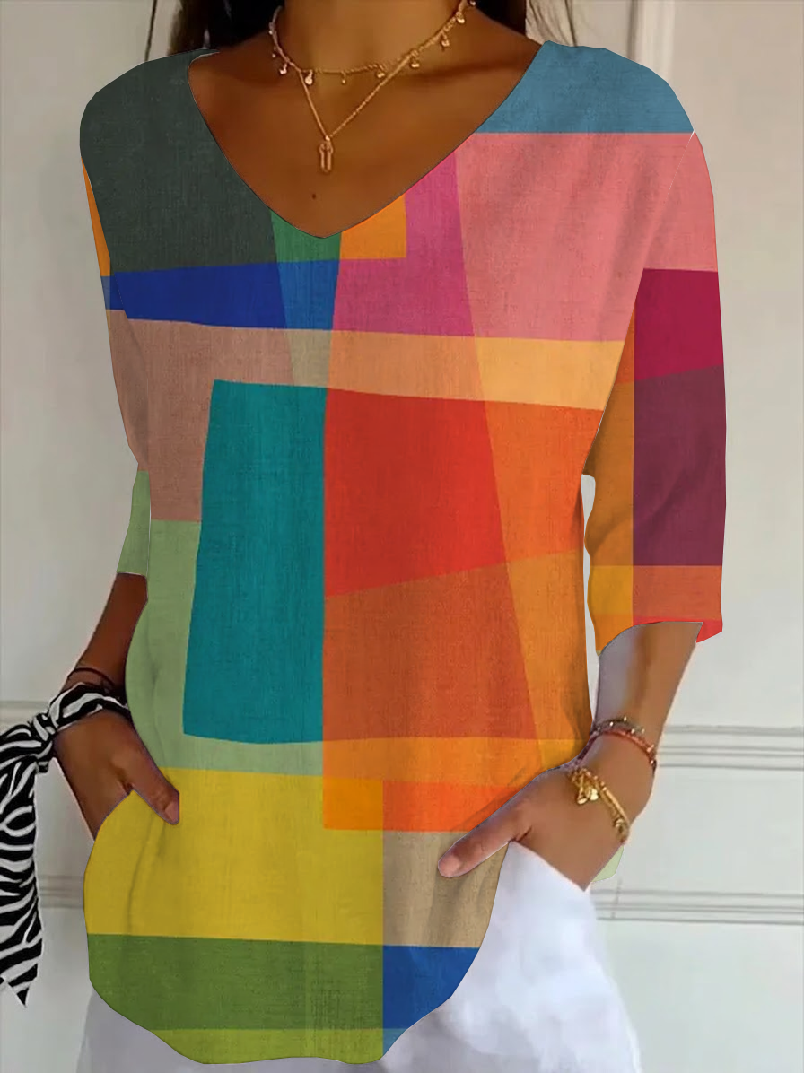 Women's Three Quarter Sleeve T-shirt Spring/Fall As Picture Abstract Printing V Neck Daily Going Out Casual Top