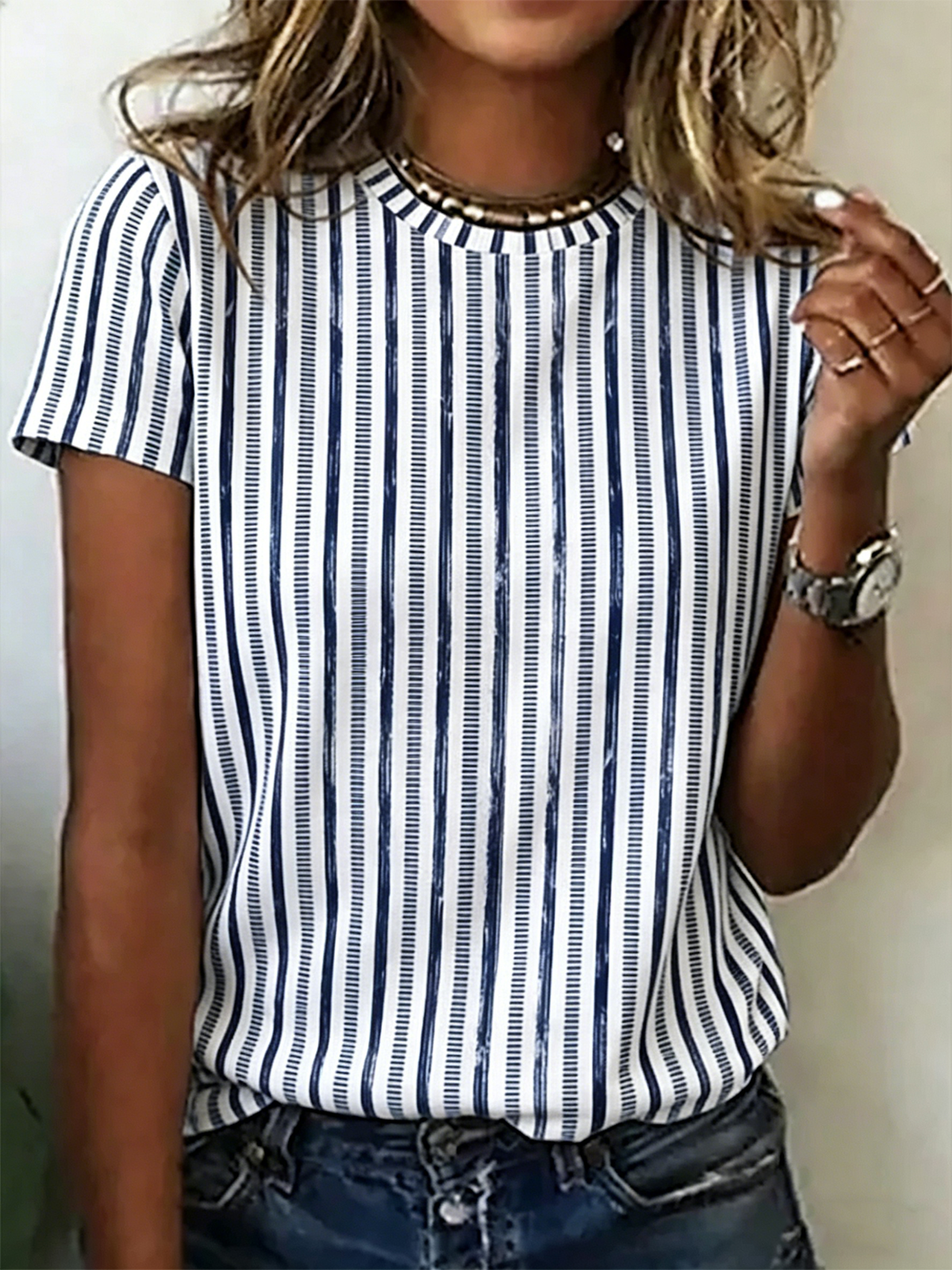Brushstroke Stripe Print Crew Neck Short Sleeve Casual T-Shirt