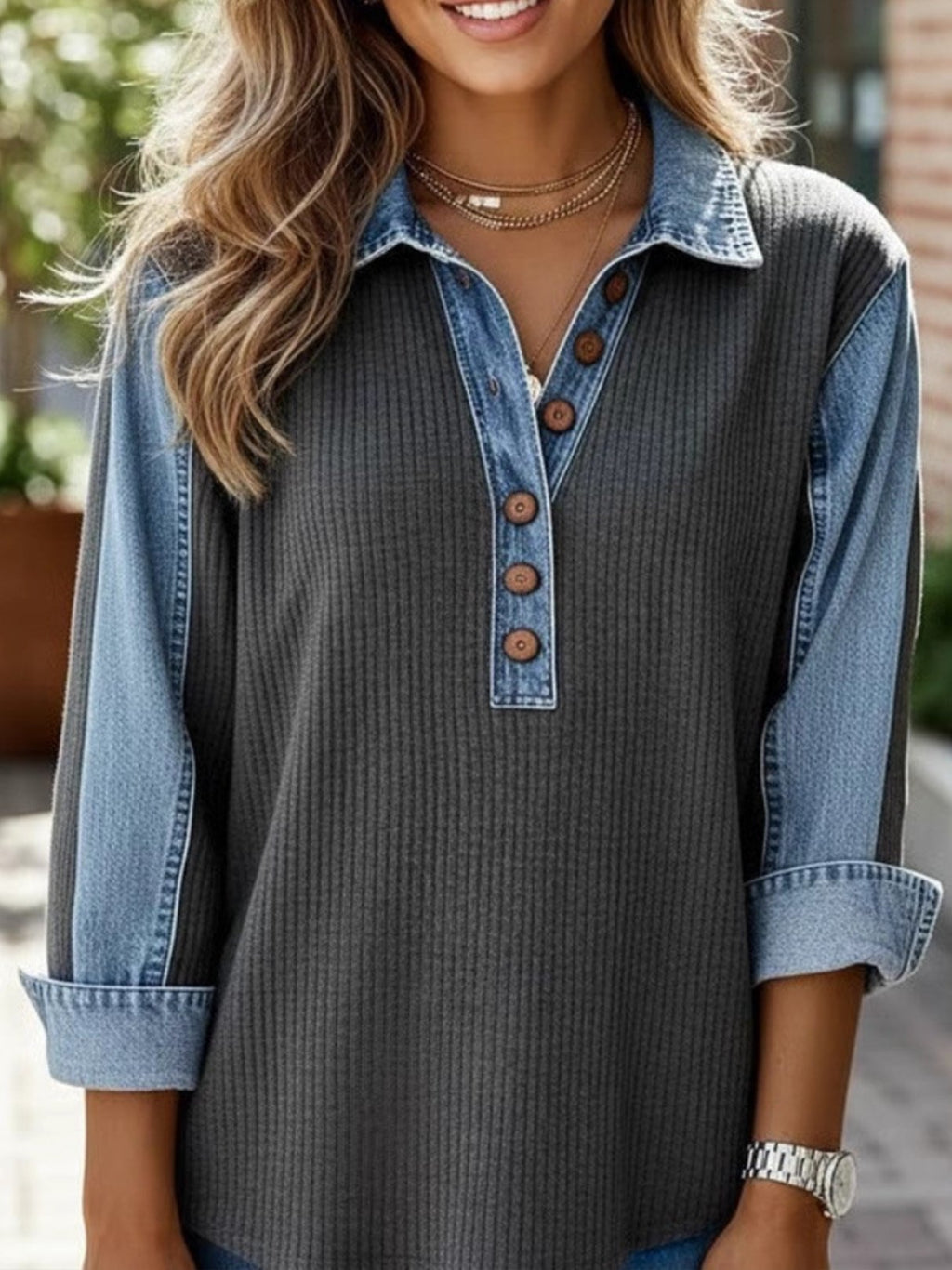Washed Denim Color Block Ribbing Shawl Collar Long Sleeve Casual Sweatshirt